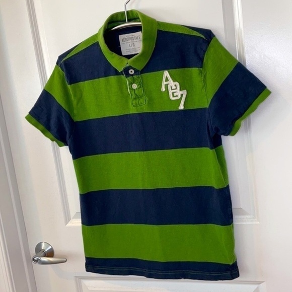 AEROPOSTALE | Y2K 90s Navy Blue & Green Horizontal Striped Polo Shirt Size L - Picture 3 of 8